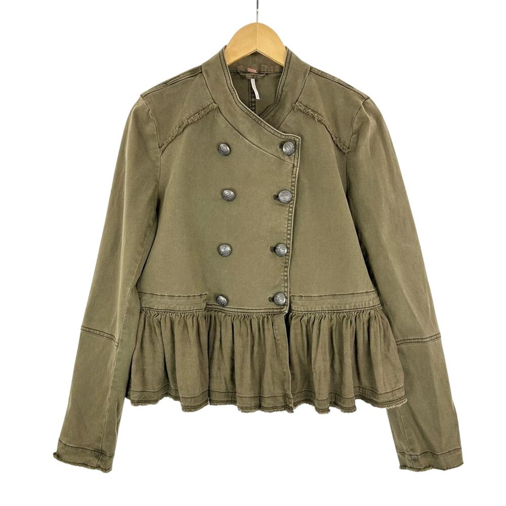 Free People Jacket Military Double Breasted Army Green Peplum Hem‎ Women's Small